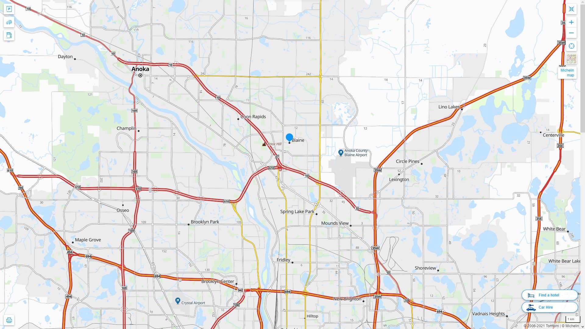 Blaine Minnesota Highway and Road Map